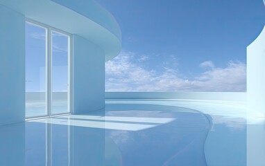 Fototapeta premium 3D render of an abstract futuristic background with a blue sky and mirror reflections, curved shapes, and two large glass doors on the left side leading to the horizon. The background is minimalistic 