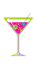 Neon Pink Martini Cocktail with Green and Purple Outline and Floating Flowers