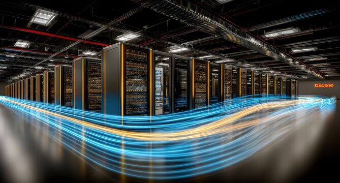 Server rack room with glowing data pathways - Powered by Adobe