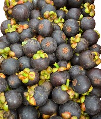 Mangosteen is Thailand’s national fruit, known as the Queen of Fruits. It has a sweet and slightly sour taste. Fresh tropical fruit on white background.