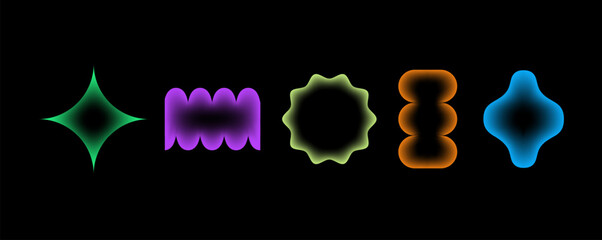 Abstract y2k blur gradient shape. Retro geometric frames. Star, flower, borders wavy edges. Scallop frames with transparent middle for kid design, y2k stickers, retro graphic. Vector mesh illustration