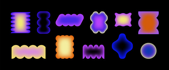Abstract y2k blur gradient shape. Retro geometric frame. Borders wavy edges. Scallop frames with transparent middle and color gradation for kid design, y2k stickers, retro graphic. Vector illustration