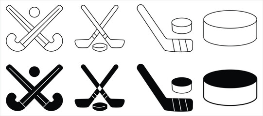hokey  icon. Hockey sticks crossed with puck icons. hokey line vector illustration isolated on white background
