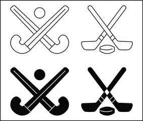 hokey  icon. Hockey sticks crossed with puck icons. hokey line vector illustration isolated on white background
