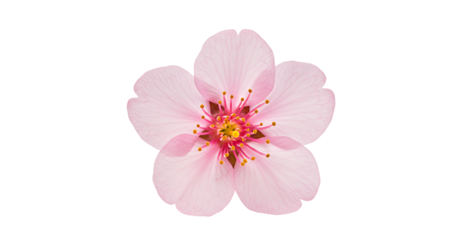 A fivepetaled light pink flower with red  gold stamen centered against a stark black backdrop