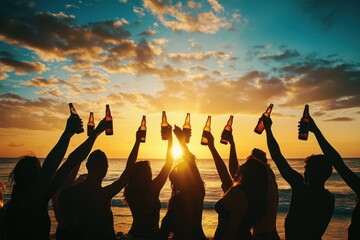 Silhouettes of diverse group raising beer bottles at sunset beach party, warm tones, cinematic