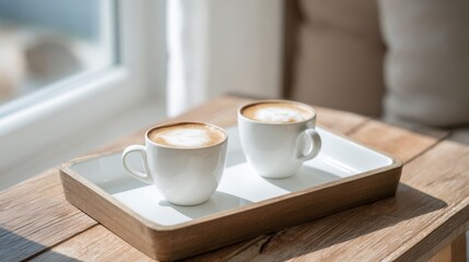 Fototapeta premium Two white ceramic coffee cups with frothy cappuccino on a wooden tray in cozy sunlight.