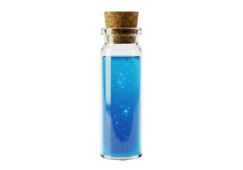 A glass bottle filled with a blue liquid is sealed with a cork stopper isolated against a black backdrop