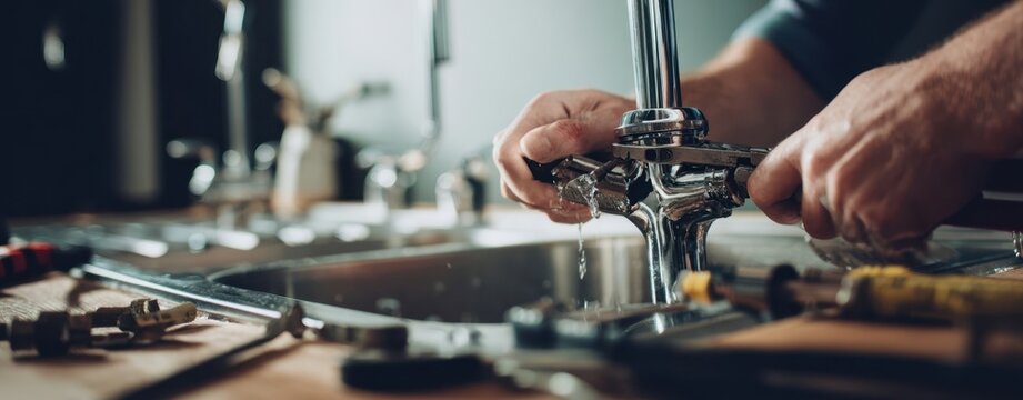 The plumber fixing a faucet in a modern kitchen sink environment