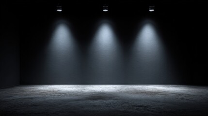 Empty dark room with three spotlights on ceiling illuminating plain wall and floor.