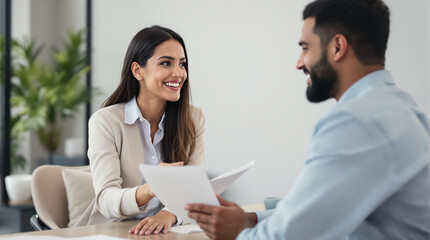 Consultora hispana explicando documentos con una sonrisa a su cliente