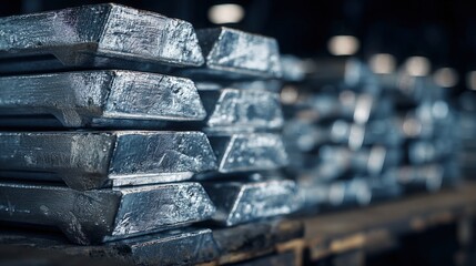 Long stack of metallic silver bars with reflective surfaces and industrial texture.