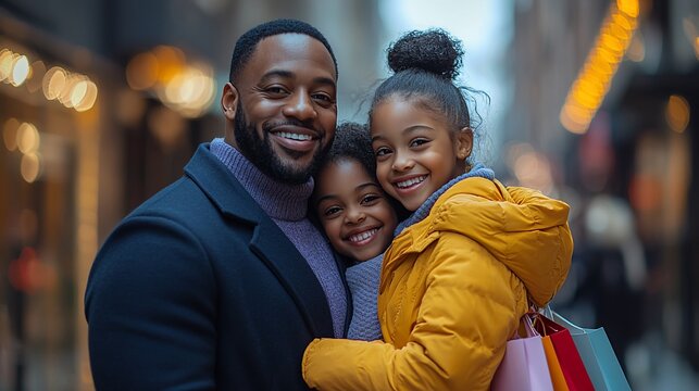 A father and his two daughters on a city street during the holidays, enjoying time together