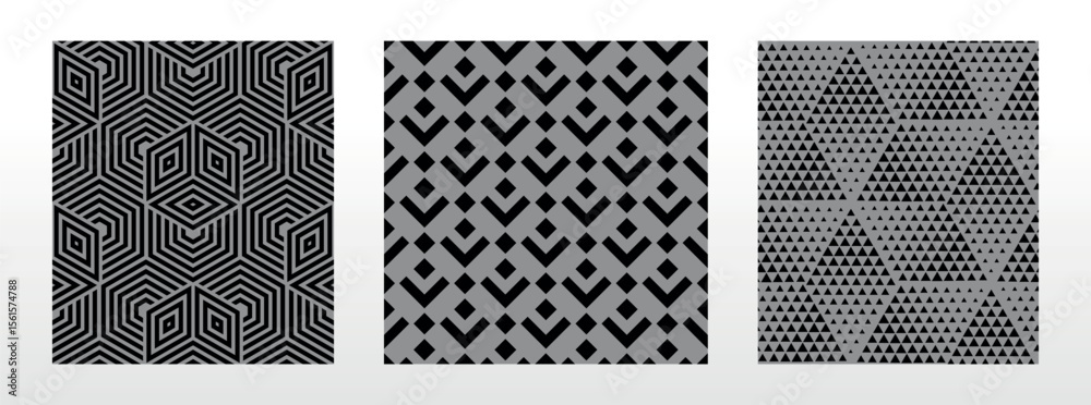 Poster Geometric set of seamless black and gray patterns. Simple vector graphics