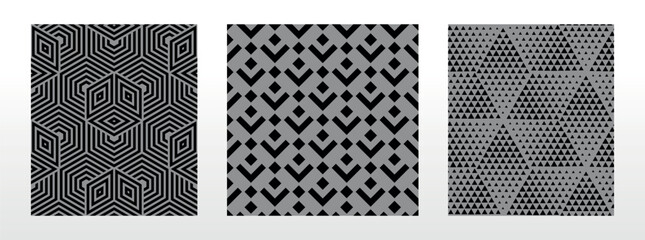 Geometric set of seamless black and gray patterns. Simple vector graphics