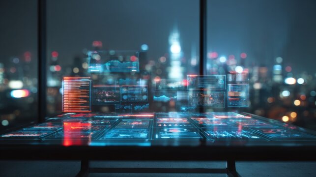 Futuristic digital cityscape with glowing holographic interface and night skyline.