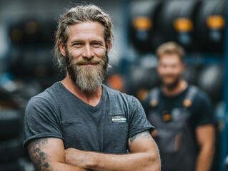 Portrait of a bearded mechanic smiling confidently in a tire shop with a colleague in the background.