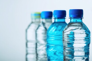 Row of plastic water bottles with blue caps