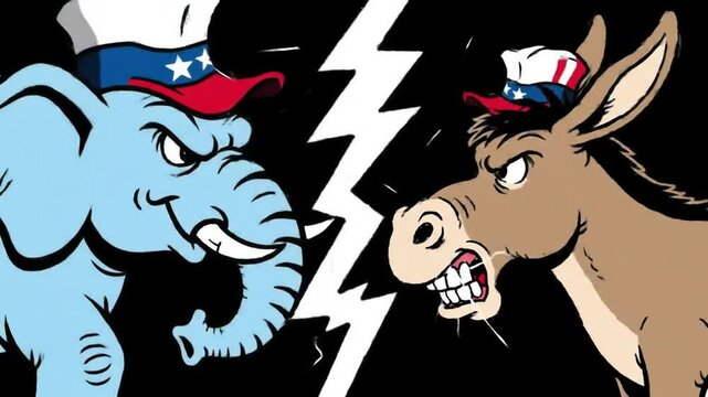 Animated Elephant and Donkey Political Showdown.