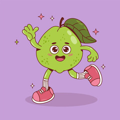 Cute Pink Guava Fruit Groovy Character. Cool Funny tropical cartoon retro personage with arms and legs card. Vector illustration. Kids Collection