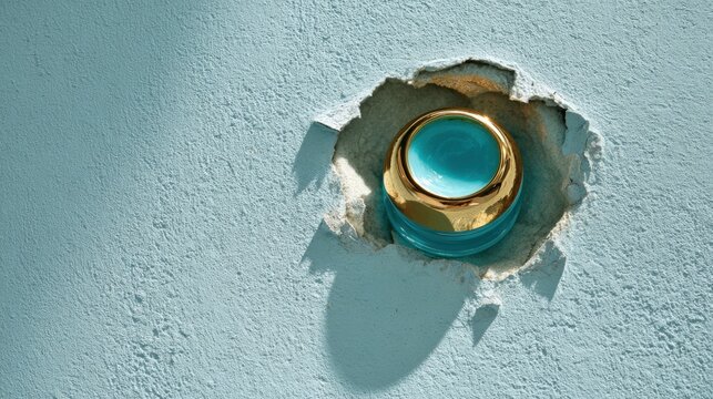 Close up of a glass of water with gold trim placed in a hole in a wall painted blue. - Powered by Adobe