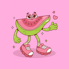 Cute Pink Slice Guava Fruit Groovy Character. Funny romantic tropical cartoon retro personage with heart card. Vector illustration. Kids Collection