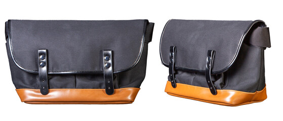 Black leather bag isolated on white background.