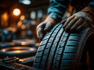 Obraz premium In a dark garage, a mechanic wea gloves inspects the tread of a car tire under warm lighting now.