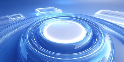 Abstract futuristic glowing blue circular design with light trails and digital effect.