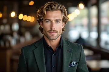 A handsome man with wavy blonde hair and blue eyes wearing a green blazer and black shirt