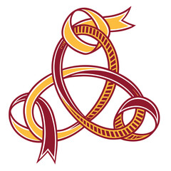 Intertwined ribbons in gold and maroon forming a complex knot design with decorative striped patterns