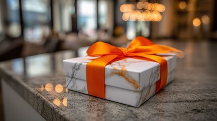 Elegant marble gift box with bright orange ribbon and bow on modern countertop.