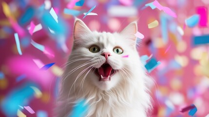 A fluffy white cat looks excited and surprised amidst colorful confetti against a pink background.