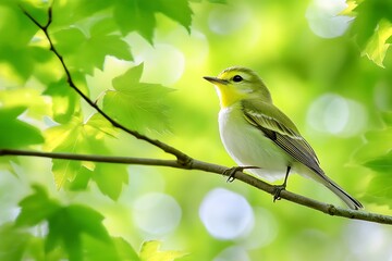 Obraz premium Bird perched on branch lush green forest wildlife photography natural habitat close-up serenity