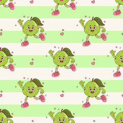 Seamless Pattern Cute Guava Groovy Character on green striped Background. Funny cartoon retro personage fruit. Vector illustration