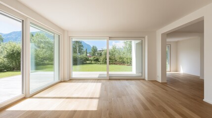Fototapeta premium Bright minimalist living room with large windows overlooking lush green garden.