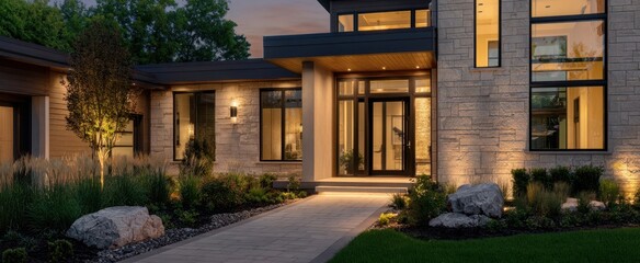 The modern home entrance with elegant landscaping and warm evening lighting.