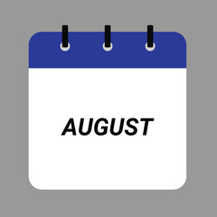 AUGUST Calendar Icon - White Background. Vector desktop calendar icon showing month design.