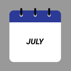 JULY Calendar Icon - White Background. Vector desktop calendar icon showing month design.