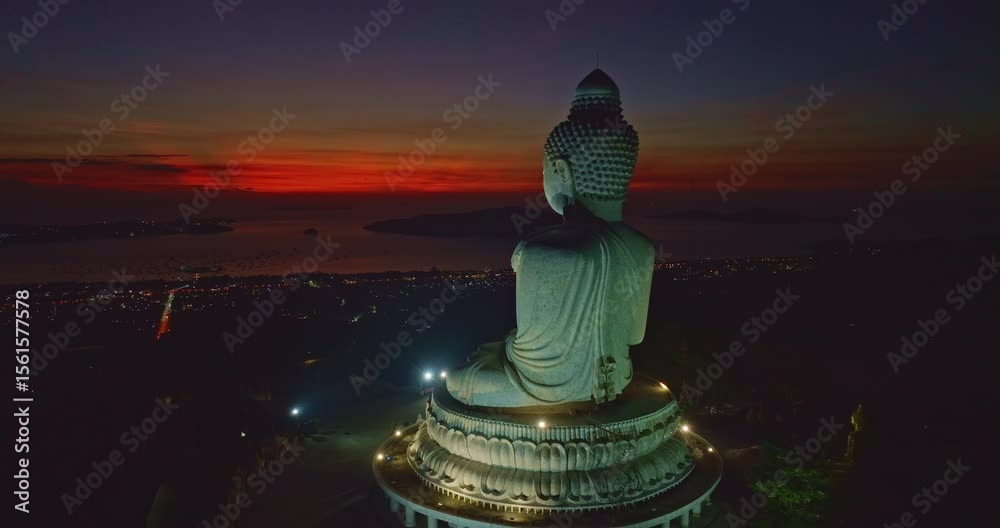 Wall mural aerial view stunning red light in twilight in front of phuket big buddha. the sun's rays illuminate 