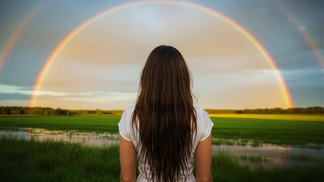 A Young Woman with Long, Dark Hair Stands in a Green Field Under a Vibrant Rainbow Arching Over the Horizon at Sunset