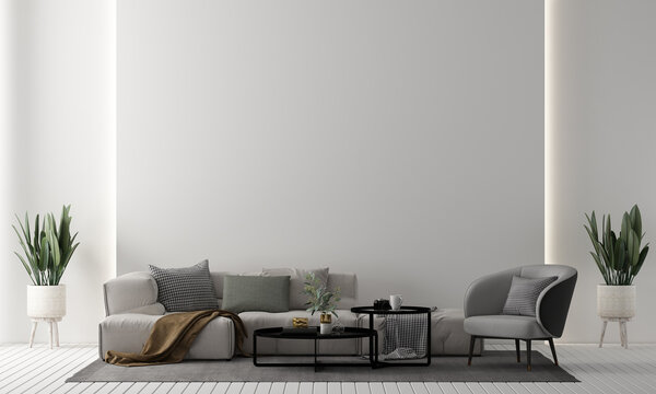Modern home and minimal living room with mid century modern sofa set and plants and white empty wall texture background interior design. 3d rendeing
