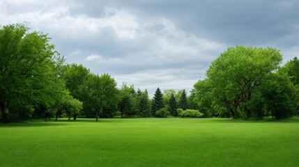 Obraz premium Lush Green Park with Bright Trees Under Cloudy Sky in a Wide Natural Landscape.