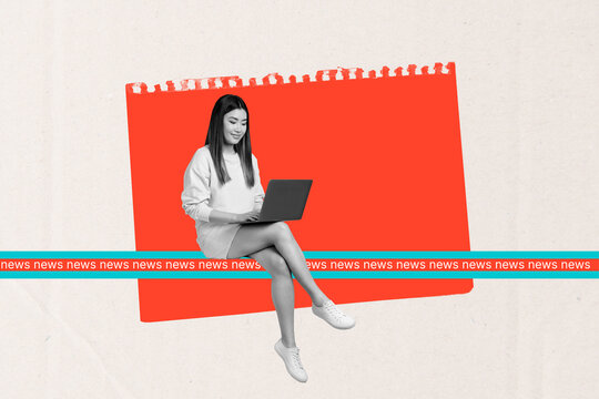 Art image creative photo collage of happy girl journalist type laptop fake news agitation mass media daily reportage occupation