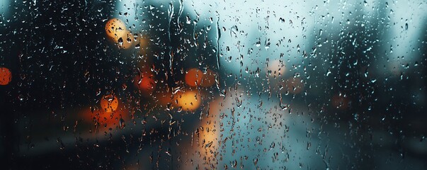 Rainy day view through a window with blurred lights and drops creating an abstract pattern on glass