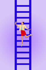 Composite banner 3d art pop image collage of happy businesswoman businessman climb career ladder...