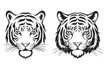 Detailed Black and White Tiger Heads Illustration Pair