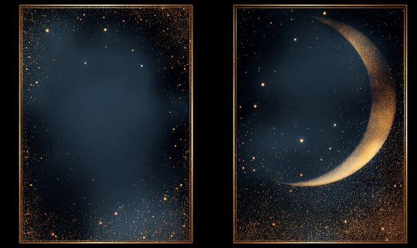 A dreamy night sky with a crescent moon, golden stars, and soft clouds under a large arch. Template for poster or invitation