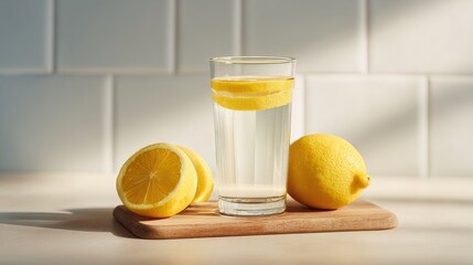 Refreshing Lemon Water Glass with Sliced Lemon Whole Lemon on Wooden Board.