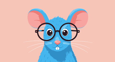 Fototapeta premium Flat Vector Illustration of Cute Cartoon Rat with Oversized Glasses – Funny Smart Mouse Character